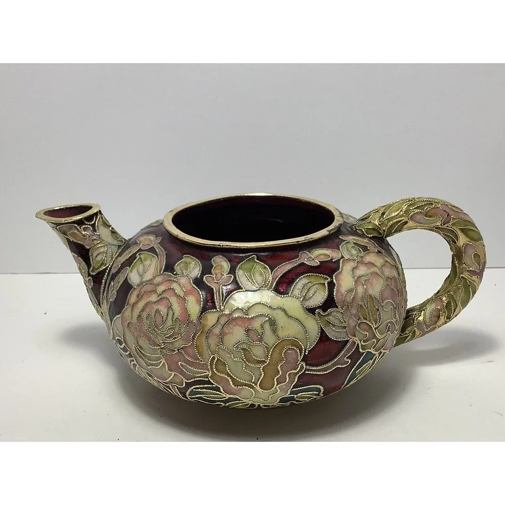 Vtg Floral Cloisonne Teapot Music‎ Box Works Moon River Limited Edition No Lid